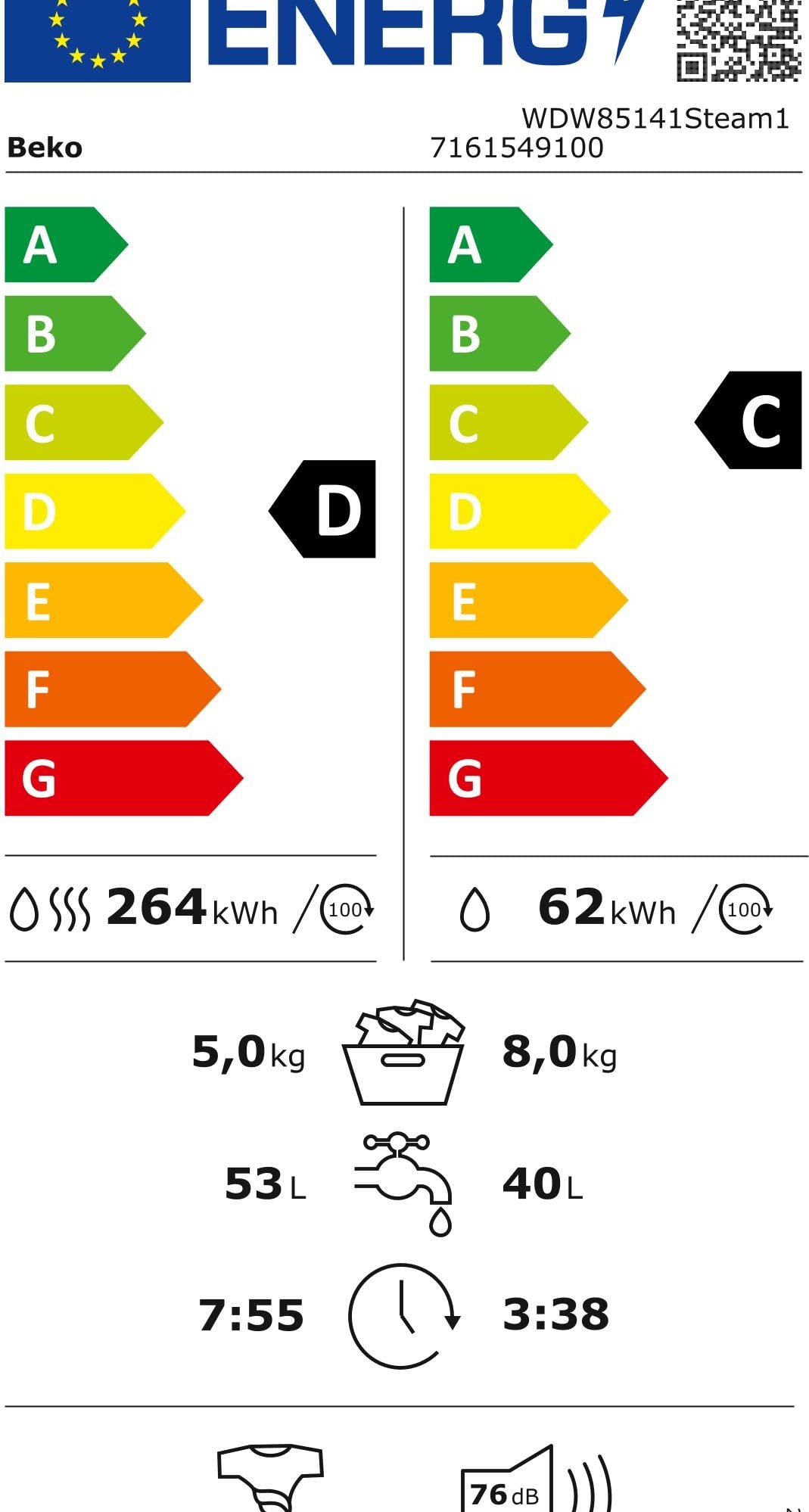 Пералня със сушилня Beko WDW85141 Steam1 b300