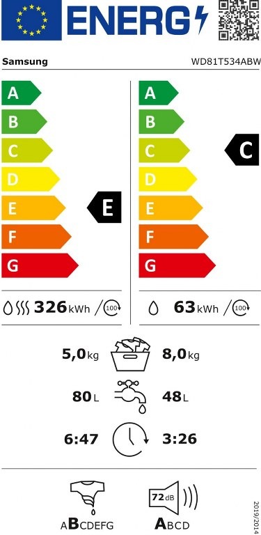 Пералня със сушилня Samsung WD81T534ABWS2